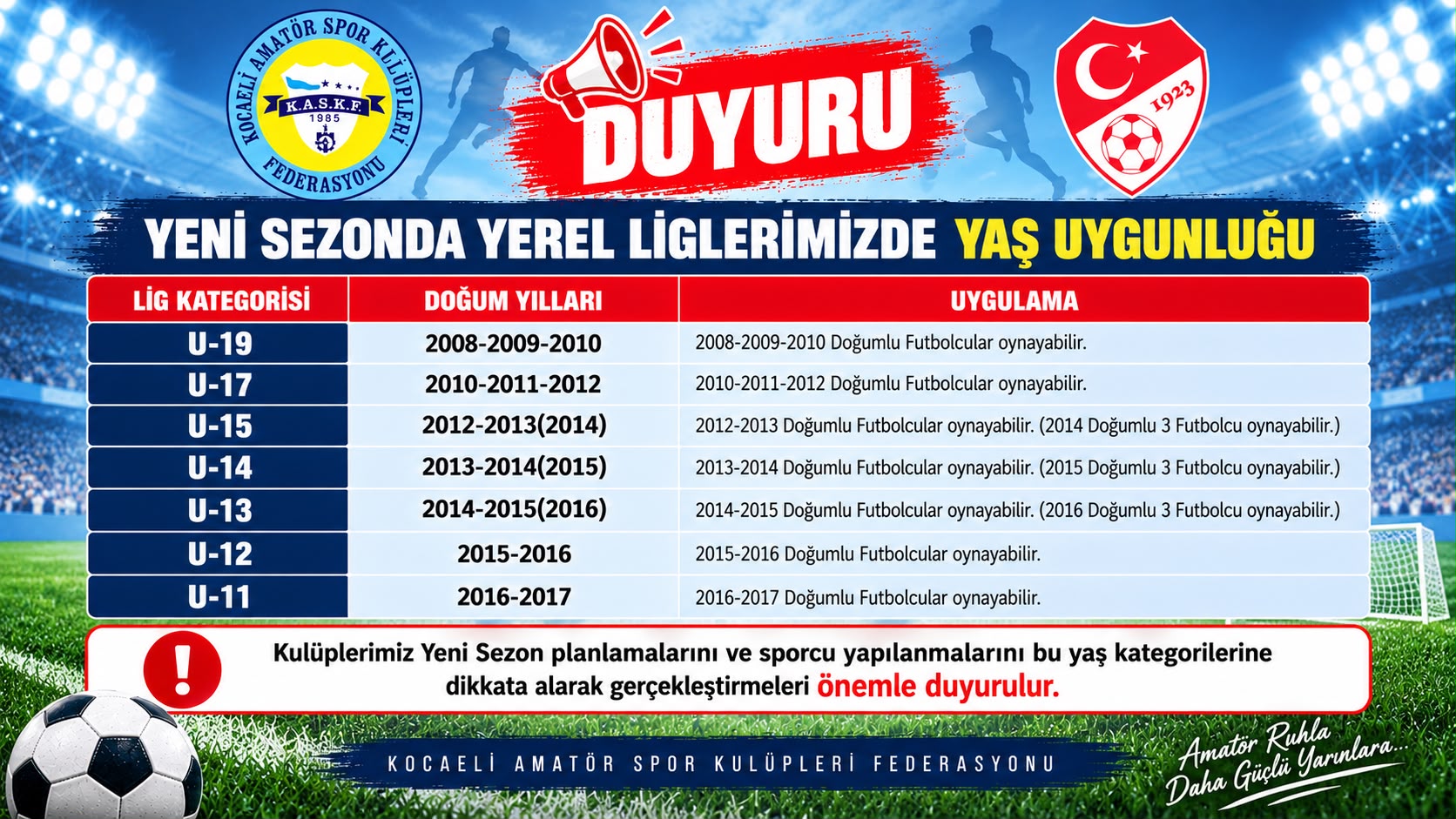 2026-2027 FUTBOL SEZONU YEREL LİGLERİMİZDE YAŞ UYGUNLUĞU